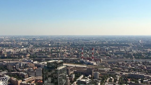 View from the Federation Tower to panorama of Moscow center. Capital of Russia. Downtown architecture urban landscape from skyscraper. Moscow city panoramic observing.