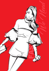 Beautiful young woman on a red background in modern style. Hand drawn stylish woman portrait. Fashion lady. Sketch. Fashion model posing in a stylish dress. Hand drawn fashion woman.