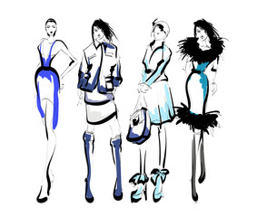 Beautiful young women in modern style.. Hand drawn stylish woman portrait. Fashion lady. Festive outfit. Sketch. Fashion model posing in dress. Hand drawn fashion woman.