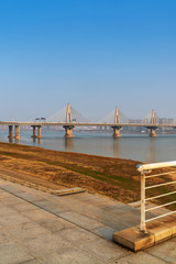 Cable stayed bridge at sunset