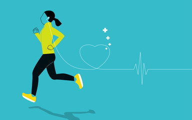 Fototapeta na wymiar Woman running exercise with headphone heart line, fitnesses healthy. vector illustration.