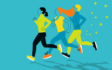 Fototapeta na wymiar Women jogging together Healthy girls friends running exercise fitnesses. vector illustration. 