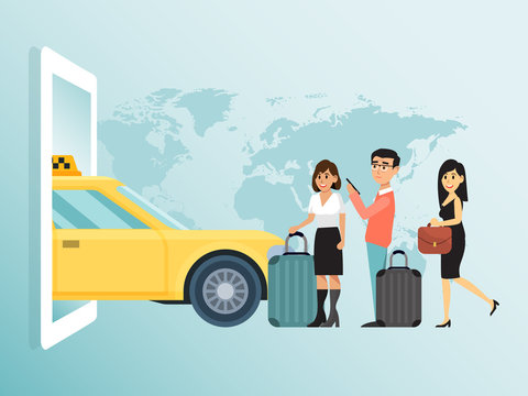 Online order city concept taxi, couple lovely male female wait public transport businesswoman run flat vector illustration. Design urban travel people hold hand luggage, world map background.