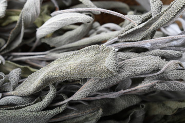 Dried sage branches, sage hot tea, on a piece of natural wood, natural remedies, natural medicine