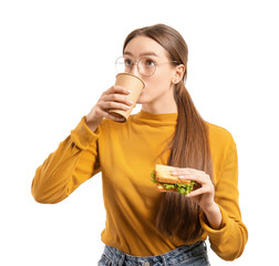 Pupil having lunch on white background