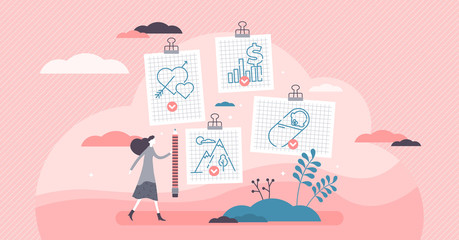 Task done Female vector illustration. Woman life goals tiny persons concept