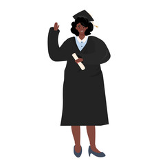 Flat vector illustration of an afro american girl in graduate uniform in cartoon style. A cheerful graduate of a school or university with an education diploma in her hands.