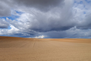 Cultivated agricultural field and cloudy sky.