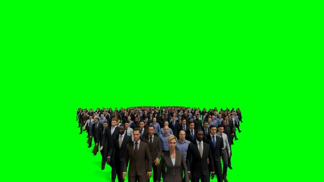 Businessmen with a businesswoman in front forming arrow shape pointing up, 4K against Green Screen