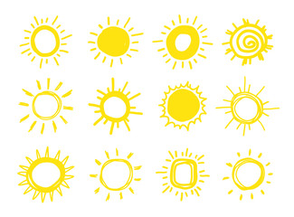 Funny vector doodle suns. Hand drawn set.