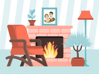 Obraz premium Design cozy modern fireplace, furniture armchair house plant pot and family photography flat vector illustration. Hearth open fire near floor lamp, old lovely couple nostalgia photo image.