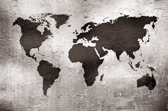 grunge map of the world over metal texture