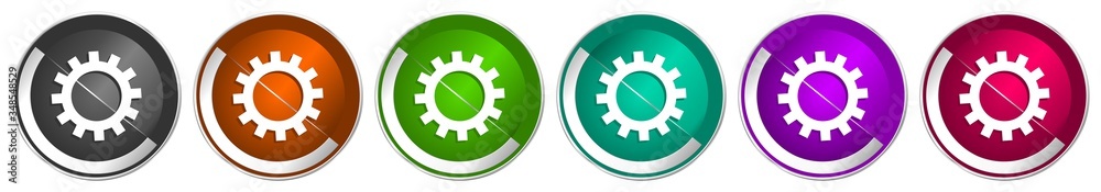 Poster gear icon set, cogwheel silver metallic chrome border vector web buttons in 6 colors options for web