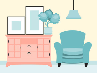 Design home room interior decoration, soft armchair stand chamber clothing cabinet flat vector illustration. Home flower pot leaf, fashion picture and ceiling fixture. Concept web banner.