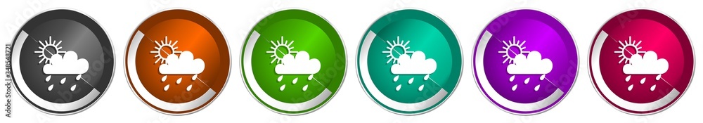 Poster Rain icon set, silver metallic chrome border vector web buttons in 6 colors options for webdesign