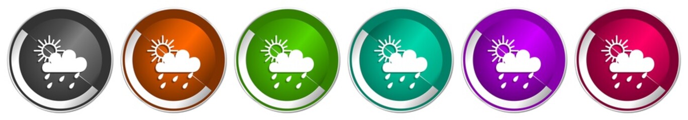 Rain icon set, silver metallic chrome border vector web buttons in 6 colors options for webdesign