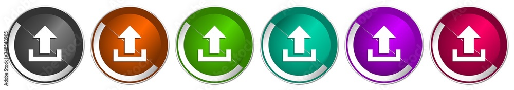 Leinwandbilder upload icon set, silver metallic chrome border vector web buttons in 6 colors options for webdesign