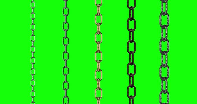 Animated 3d presentation of set of metal chains links on green screen chroma key background. Close up view. Connectivity, union concept. Be chained to the system too. Seamless protector. 4k animation