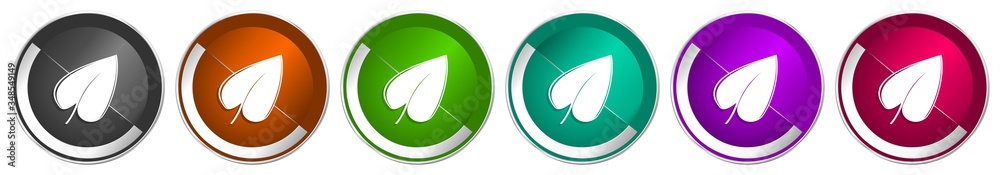 Leinwandbilder Leaf icon set, silver metallic chrome border vector web buttons in 6 colors options for webdesign