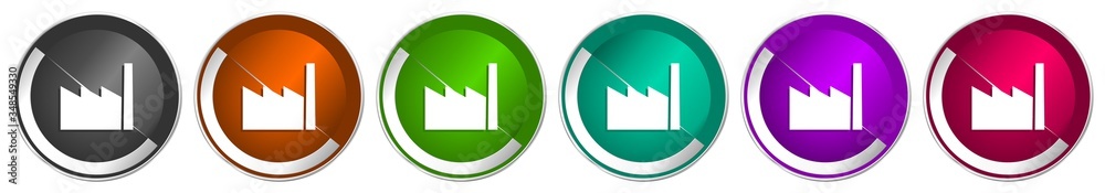 Fototapete Factory icon set, silver metallic chrome border vector web buttons in 6 colors options for webdesign