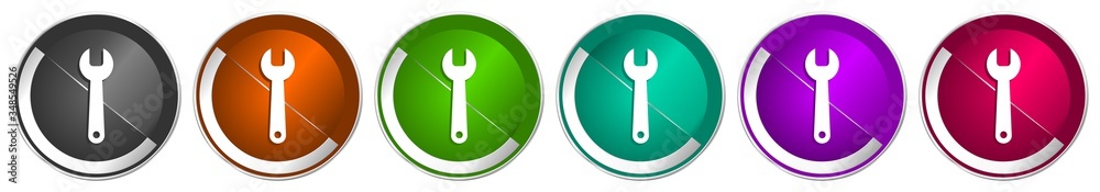 Fototapete Tool icon set, silver metallic chrome border vector web buttons in 6 colors options for webdesign