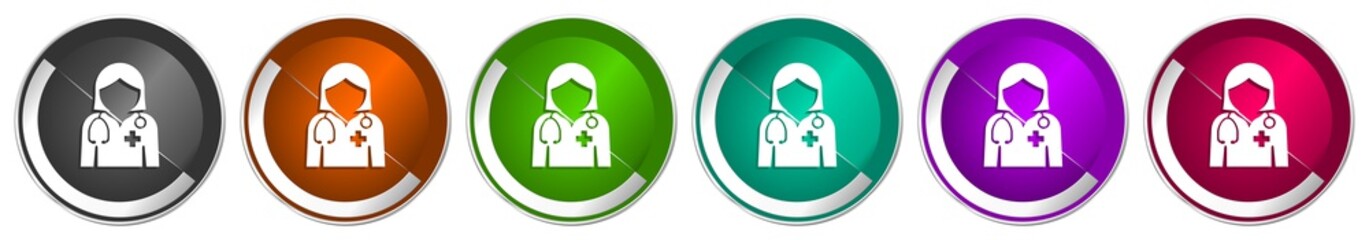 Doctor icon set, silver metallic chrome border vector web buttons in 6 colors options for webdesign