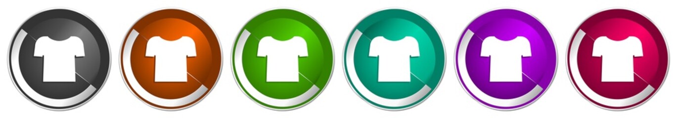 Shirt icon set, silver metallic chrome border vector web buttons in 6 colors options for webdesign