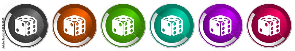 Aufkleber dice, game, casino icon set, silver metallic chrome border vector web buttons in 6 colors options fo