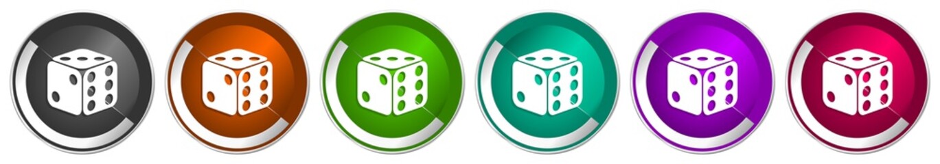 Dice, game, casino icon set, silver metallic chrome border vector web buttons in 6 colors options for webdesign