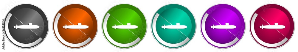 Poster submarine icon set, navy, boat, ship, army silver metallic chrome border vector web buttons in 6 col