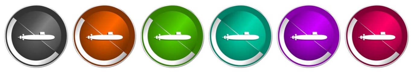 Submarine icon set, navy, boat, ship, army silver metallic chrome border vector web buttons in 6 colors options for webdesign