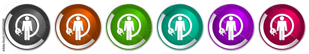 Leinwandbilder Android charging wire icon set, humanoid robot silver metallic chrome border vector web buttons in 6 colors options for webdesign