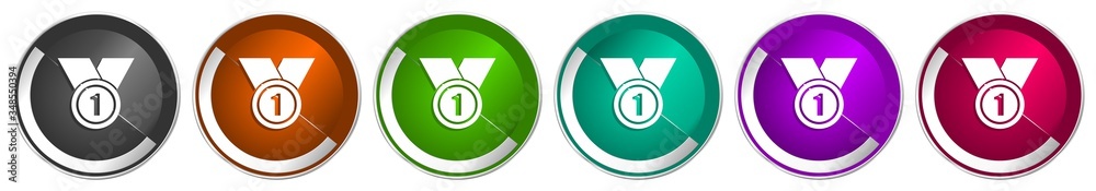 Aufkleber Badge icon set, first, number one silver metallic chrome border vector web buttons in 6 colors options for webdesign