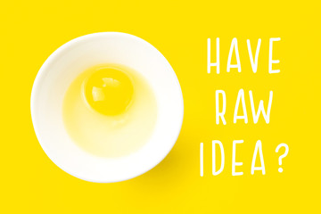 Raw egg in bowl and text Have Raw Idea on yellow background. Minimal creative idea concept for startup and business.
