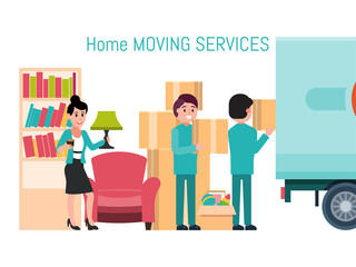 Male female character invocation moving service new house, man loader help removal stuff isolated on white, flat vector illustration. Woman home owner packing thing box, truck vehicle relocation