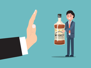 Male gesture stop alcohol consumption, man drunk character hold bottle whiskey isolated on blue, flat vector illustration. Treatment alcohol dependence, boozy person cheerful mood.