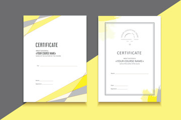Graphic geometrical template for certificate. Yellow and gray set ready for business recognition.