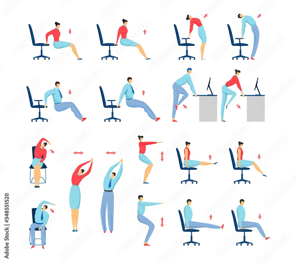 Wall mural office stretching exercises people set of isolated vector illustration, business man and woman on ch