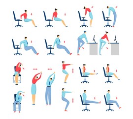 Office stretching exercises people set of isolated vector illustration, business man and woman on chair workout and fitness. People doing chair yoga exercises working in office, healthy body lifestyle