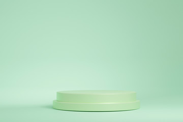 Minimal 3d rendering scene with composition empty cylinder green pastel podium for product and abstract background. mock up geometric shape in pastel colors. platforms for cosmetic.