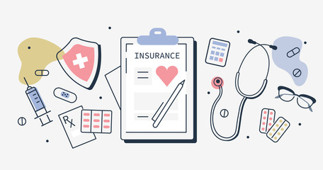 Health Insurance Concept Banner. Health Insurance Policy Contract,  Stethoscope,  Pills, Capsules and Other Medical Things. Doctors Workplace. Flat Line Cartoon Vector Illustration.