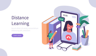 
Character Learning Online on Smartphone and  Studying with Exercise Books. Girl Having Video Chat with Teacher. Online Education and Distance Learning Concept. Flat Isometric Vector Illustration.