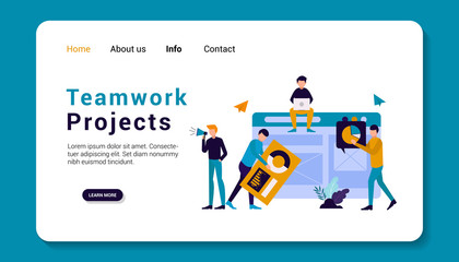 teamwork projects landing page template, flat design. vector illustration