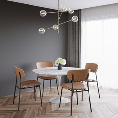 3d grey interior with a white modern round dining table table and tan leather chairs