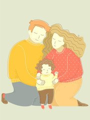 Family Dad Mom Hug Child Kid Girl Illustration