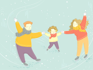 Family Winter Skating Holding Hands Illustration