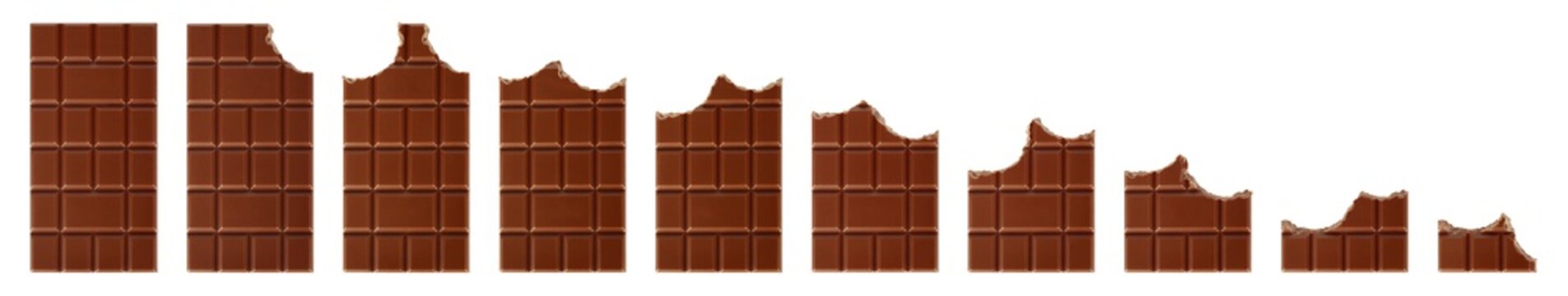 Set of bitten milk chocolate bars isolated on white background