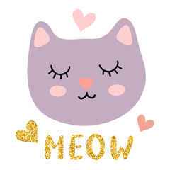 Cute funny kitty face with a golden glitter lettering inscription 'meow'. Scandinavian style flat design, vector illustration for children's print, poster or card