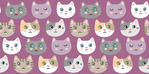 Seamless pattern with cute cartoon kitties vector illustration