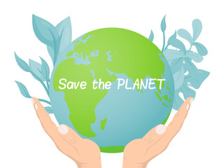 Save the planet concept, human hand hold Earth environmental protection isolated on white, flat vector illustration. Eco friendly people activist, nature security surrounding environment.
